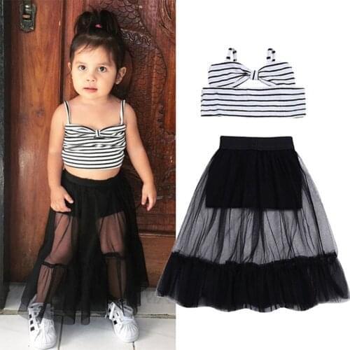 Girls Bownot Fashion Clothes Sets Toddler Kid Baby Girl Bow Stripe Camisole + Black Veil Skirts 2 PCS Outfits Clothing