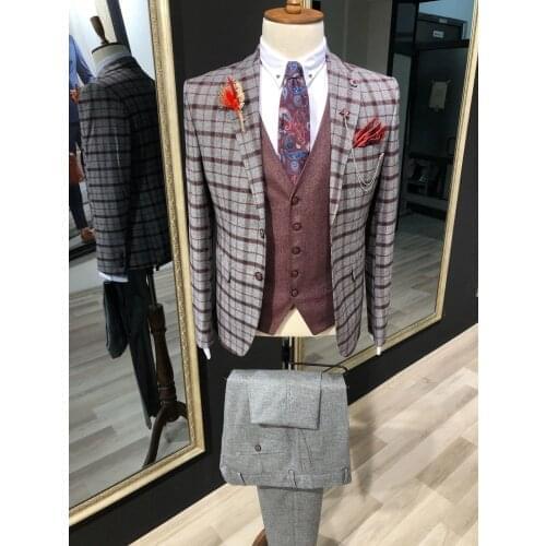 Custom Made Mens Suit 2020 Vintage Plaid Formal Best Man Suits Groom Wear Tweed Tuxedos 3 Pieces Suits (Jacket+Pants+vest)