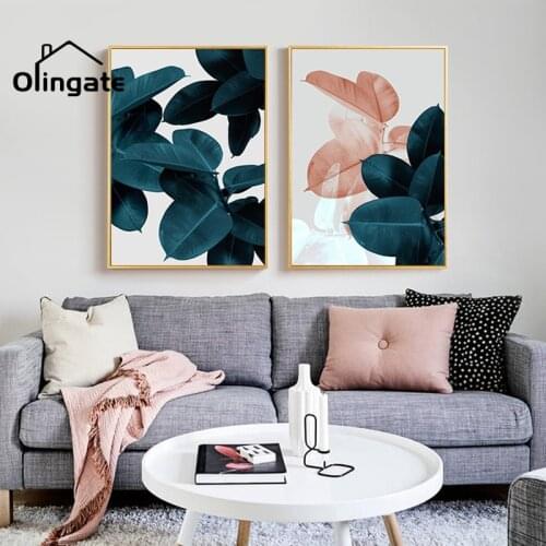 Nordic Pink Flower and Green Floral Leaf Poster and Printing Canvas Wall Art of One Piece for Living Room Home Decorative