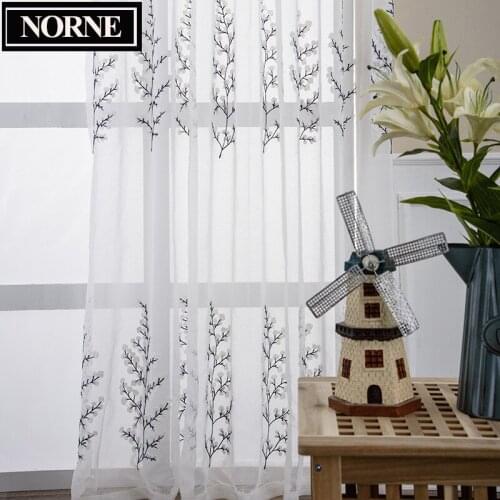 NORNE Embroidered Semi White Voiles Leaves Tulle Sheer Curtains for Living Room Decoration,Kitchen Drape Treatment for Bedroom