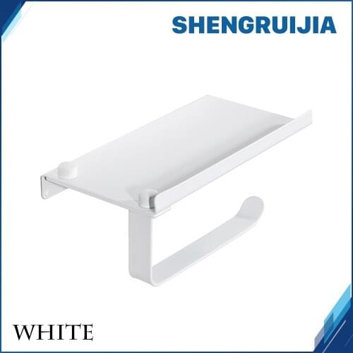 2018 new white good quality 304 Stainless Steel toilet roll paper holder wall-mounted bathroom tissue dispenser with phone shelf