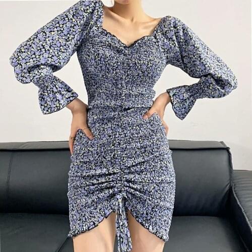 2021 Fall New Womens Watermark Floral Folded Hip Drawstring Dress Elastic Stitching Slim Evening Dress Sexy Shopping Club Skirt