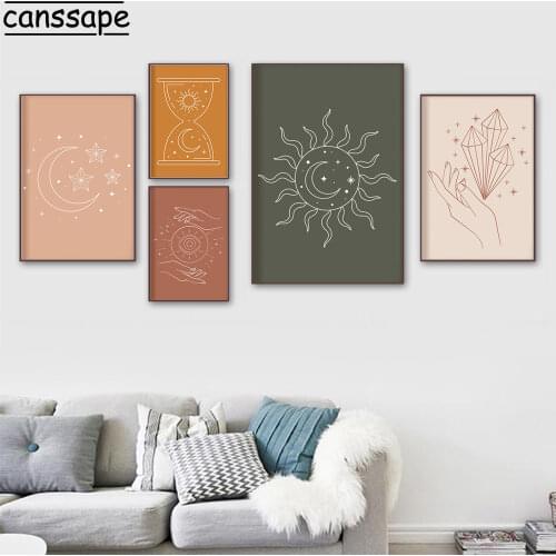 Boho Sun Moon Abstract Line Drawing Wall Art Print Painting Celestial Hand Diamond Canvas Poster Wall Pictures Living Room Decor