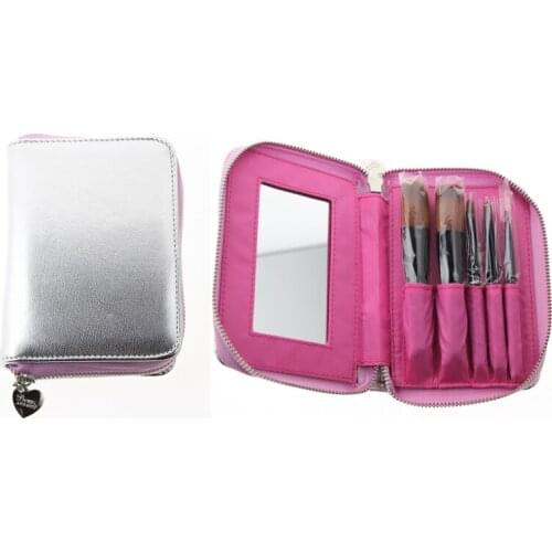16*11.5cm Professional Cosmetic Makeup Brush Bag With Mirror And 5Pcs Brush Set