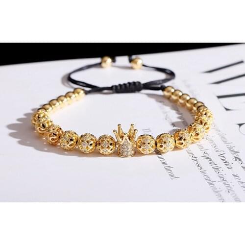 Luxury White CZ Crown Braided Bracelet Fashion Gold Carved Flower Copper Beads Bracelet Pulseira Masculina