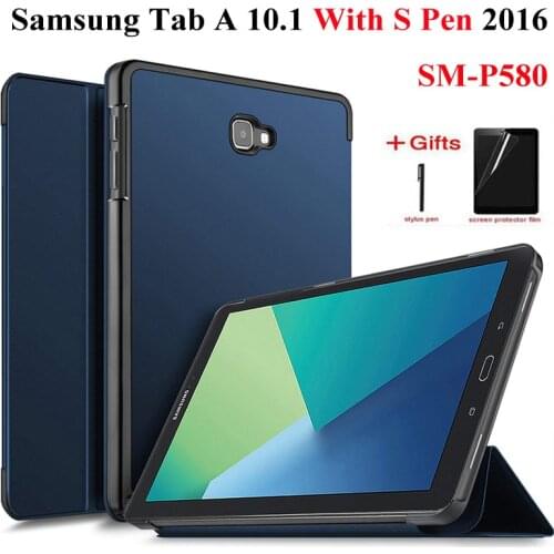 Smart PU Leather Case For Samsung Galaxy Tab A A6 With S Pen 10.1 2016 SM-P580 P585 Cover For Tab A 10.1 S Pen case+Film+Pen