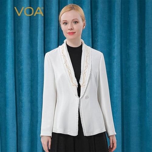 VOA heavyweight pure silk pure white Lapel Auricularia with orange thread decoration one button long sleeve jacket WE70