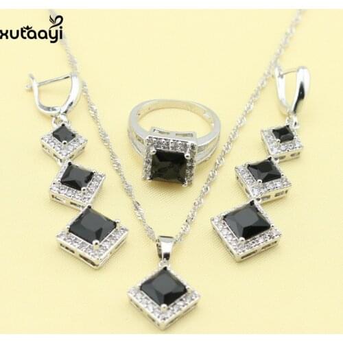 XUTAAYI Fashion Silver color Color Jewelry Sets For Women Black Cubic Zirconia Superb Necklace Rings Earrings Wedding Jewelry