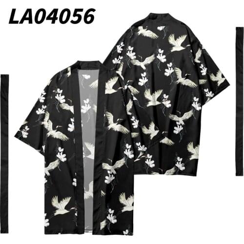 Japanese Kimono Black Crane Print Cardigan With Belt Men Women Summer Haori Samurai Streetwear Shirt Kimono Haori Yukata