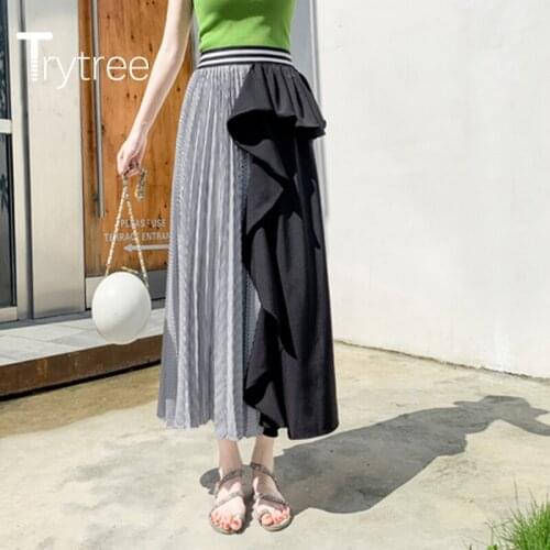 Trytree 2020 Spring Summer Women Casual Skirt Patchwork Ruffles Irregular Fashion Elegant Elastic Waist All-Purpose Style Skirt