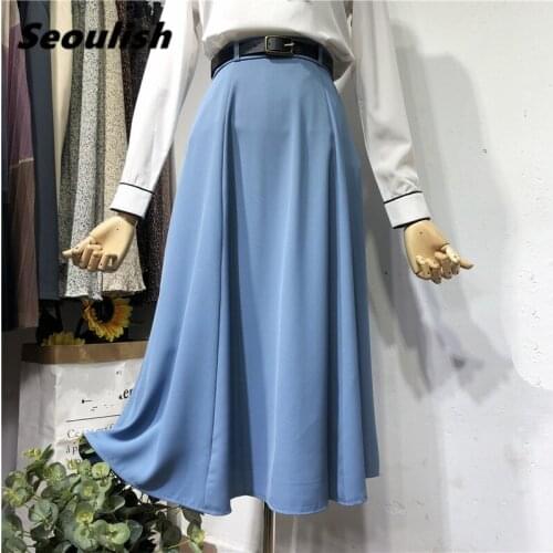 Seoulish Spring Summer Umbrella Womens Skirts with Belted High Waist Solid Elegant A-Line Female Office Long Skirts 2021 New