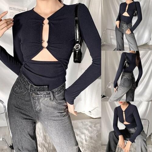 Womens Fashion Elegant Hollow Tight T-Shirt Streetwear Pure Color Long Sleeve Shirt Retro Tops Women