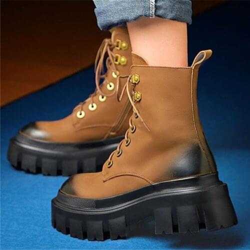 Military Creepers Women Cow Leather Round Toe Ankle Boots Buckle Platform Motorcycle Chain Chunky Shoe 34 35 36 37 38 39