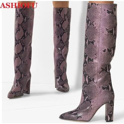 ASHIOFU 2020 New Style Ladies Chunky Heel Boots Faux-snake Leather Party Prom Half Boots Evening Club Winter Fashion Boots Shoes