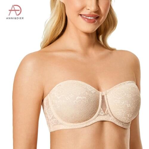 Womens Strapless Bra Underwire Unlined Bandeau Floral Lace Plus Size