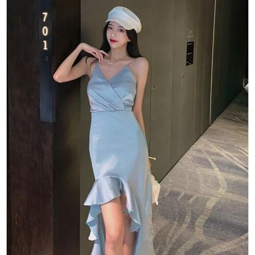 V-neck Asymmetric Spaghetti Strap Dresses Women Off Shoulder Sexy Summer Ruffles Low-cut Blue Dress Party Evening Elegant