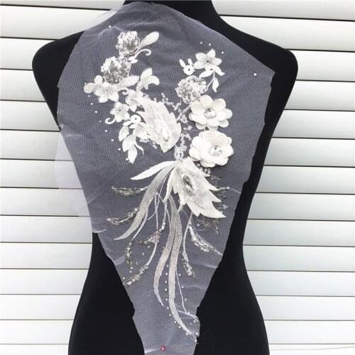 1PC White Lace Collar 3D Embroidered Sequins Flower Floral Patches Sew-on Appliques For Wedding Dress Decor DIY Material