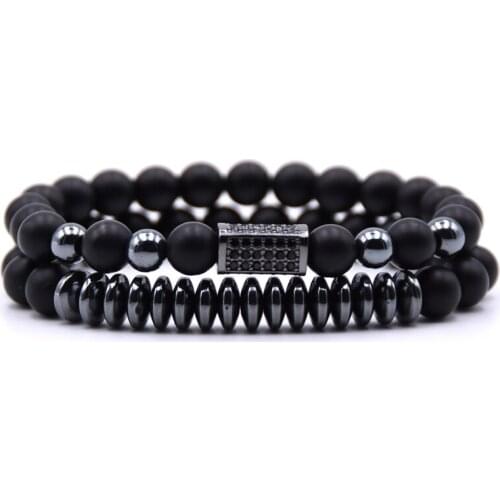 2pcs/set Couple Jewelry 8mm Matte beads Bracelet men CZ Long square Charms Bracelets for women jewelry pulseira