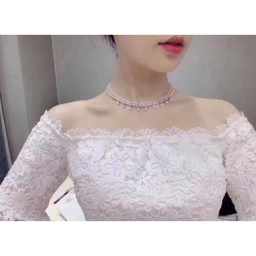 Free shipping jewelry Handmade 2Strands 6-7mm White Pearl CZ Necklace Pendant 925 silver micro inlay zircon clasp accessory