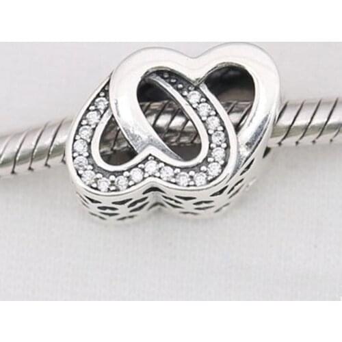 925 Sterling Silver Double Heart Reflection Crystal DIY Charms Beads Fit PAN Bracelet & Necklaces Pendant Beads Jewelry Making
