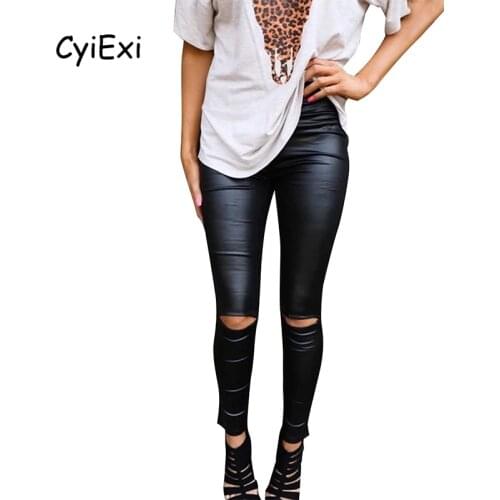 CyiExi Black Skinny Faux Leather Leggings Women High Waist Legging Pants Sexy Night Club Bodycon Hole Push Up Female Bottoms XL