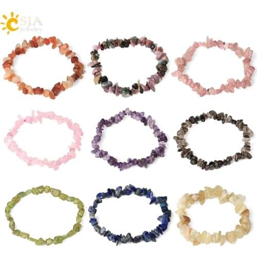 CSJA Irregular Chips Natural Stone Bracelet Asymmetry Beads Crystal Quartz Gravel Stretch Bracelets Bangles for Women Girls G365