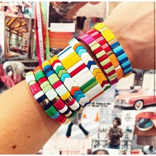 Flatfoosie Bohemian Bracelet Handmade Friendship Stackable Enamel Rainbow Tile Bracelet Fashion Street Photography Bangles Gifts