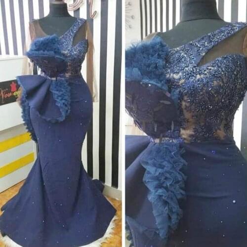 2019 Aso Ebi Arabic Navy Blue Cheap Evening Dresses Lace Beaded Mermaid Prom Dresses Sexy Formal Party Second Reception Gowns Dr