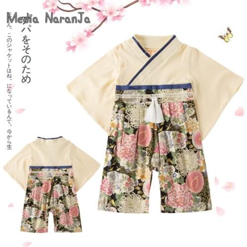 Boys Spring Autumn Long-Sleeved Baby Jumpsuit Japanese-Style Large Flower Printed Pants Romper Kimono costume
