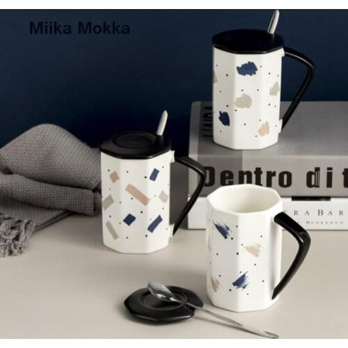 Creative Polygon Coffee Mug with Lid and Spoon Nordic Style Ceramic Mug Milk Cup Water Cup Home Office Coffee Cup Gifts