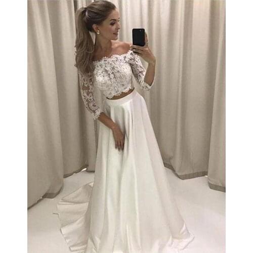 Two Pieces Lace A-line boat neck Wedding Dresses Sweep Train Zipper Back 3/4 Sleeve Bridal Wedding Gowns Bride Dresses
