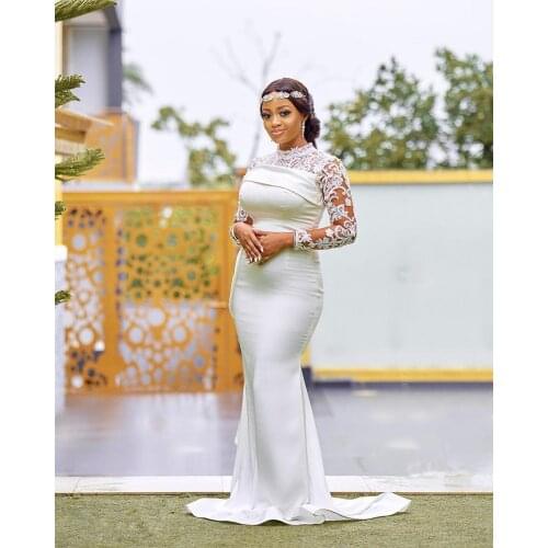 Charmig High Neck Long Sleeves Lace Wedding Dresses Sweep Train Satin Mermaid Brial Gowns with Beaded Belt