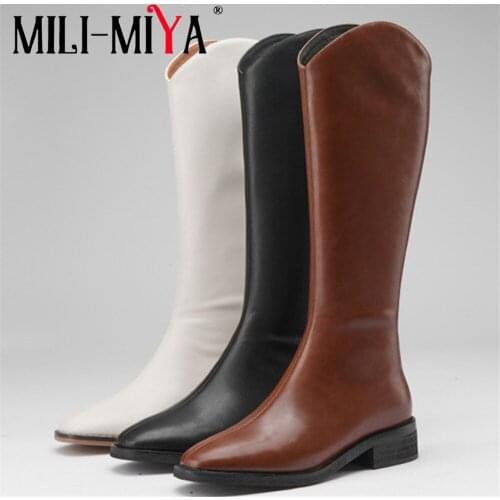 MILI-MIYA 2021 New Arrival Women Full Genuine Leather Mid Calf RidingBoots Thick Heels Round Toe Plus Size 34-40 For Ladies