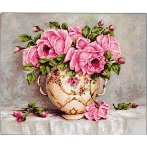 Pink Rose in a Porcelain Jar Flowers Cross Stitch Kits Top Quality Embroidery Needlework 14CT Unprinted DIY Handmade Art Decor