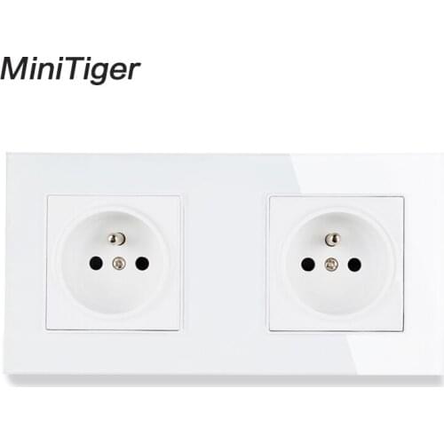 Minitiger French Standard 2 Gang Wall Power Socket, White Crystal Glass Panel, Manufacturer of 16A Wall Outlet,172 * 86 MM