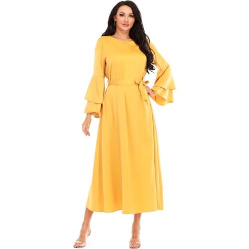 New Arrival Eid Silk Djellaba Abaya Full Length Silky Satin Muslim Dress Dubai Turkey Muslim Robe Islam Abayas With Belt WY143