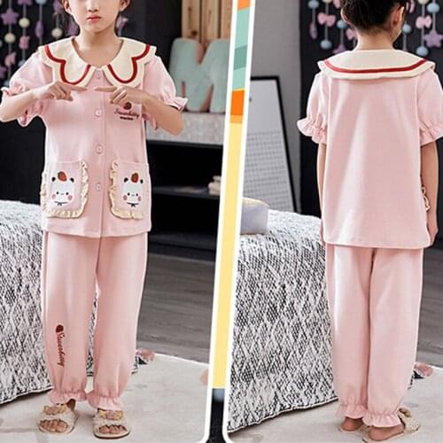 Girls Pajama Summer Girls Short-sleeved Cotton-conditioned Sets Childrens Baby Summer Thin Style Pure Cotton Home Service Sui
