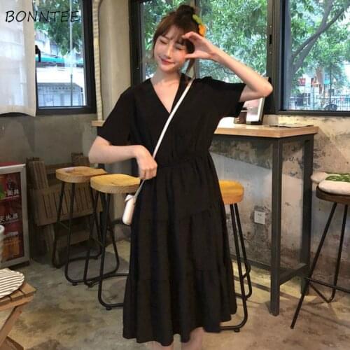 Dress Women Black Tunic Midi Maxi V-neck Slim Ulzzang Minimalist Female Summer Cute Student Draped Ins Short Sleeve Trendy Daily