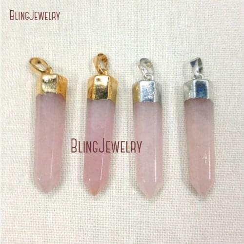 PM12241 Healing Crystal Rose Pink Quartz Hexagon Point Pendant Silver or Gold Electroplated