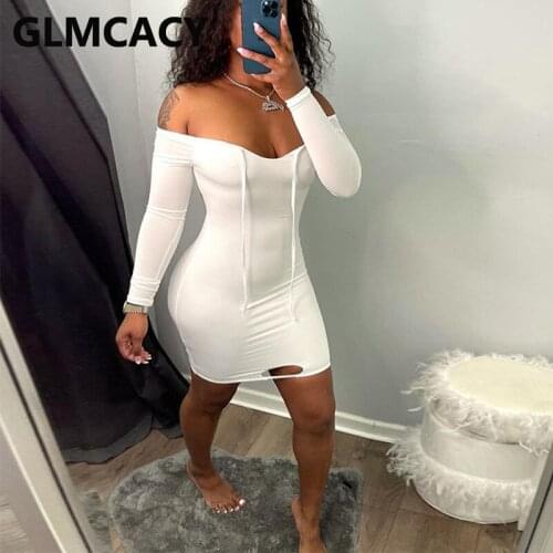 Long Sleeve Off Shoulder Casual Solid Slim Mini Dress