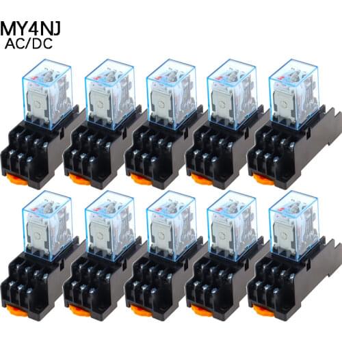10PCS MY4NJ AC12V 24V 36V 48V 110V 220V 380V Coil 5A 4NO 4NC Power Relay DIN Rail 14 Pin time relay with socket base