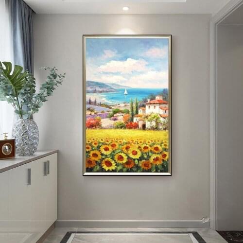 Hand-Painted Oil Painting Sunflower Landscape Mediterranean Porch Painting Living Room Home Wall Decorative Painting Unframed