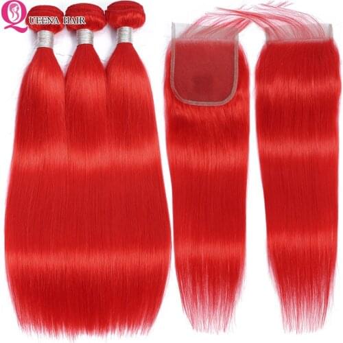 Red Hair Bundles With Closure Straight Hair Bundles With Closure Colored Peruvian Human Hair Bundles 4*4 Closure Remy Hair Weave