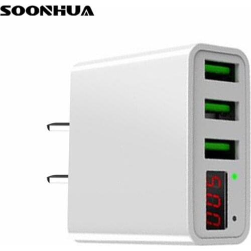 SOONHUA 3 USB Port Charger Adapter LED Display EU/US Plug The Max 3.0A Smart Fast Charging Mobile Wall Charger for iPhone iPad