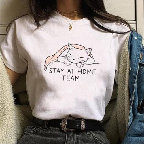 STAY AT HOME TEAM Cartoon Print Women T shirts Summer Casual Short Sleeve O Neck t-shirt 5 Color Women Clothing Bedroom Tops