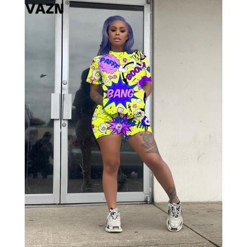 VAZN 2020 Cartoon Print Loose Sport Set Holiday Street Clothing O-neck Short Sleeve Short Pant Women Tracksuit