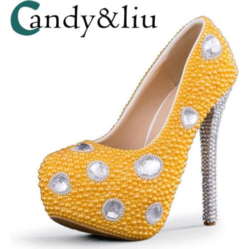 Yellow Pearl Crystal Wedding Shoes Silver Rhinestone Super High Heel Round Toe Platform Women Pumps Party Banquet Evening Dress