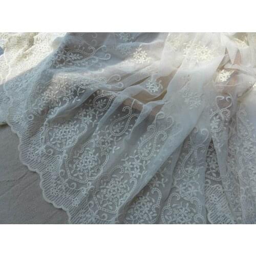 Vintage style lace fabric in Ivory, double border embroidered fabric, wedding lace bridal lace fabric