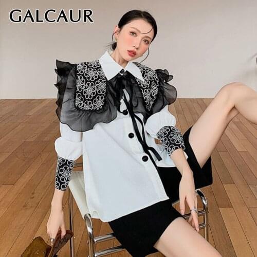 GALCAUR Vintage Two Piece Set Womens Black Lace Ruffle Trim Shawl Lapel Collar Long Sleeve Minimalist Soldi Blouses Female 2021