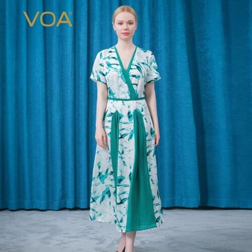 VOA Silk Jacquard V-neck Short Sleeve Waist Hemp Three-dimensional Flower Braid Decoration Refreshing Dress for Women AE891